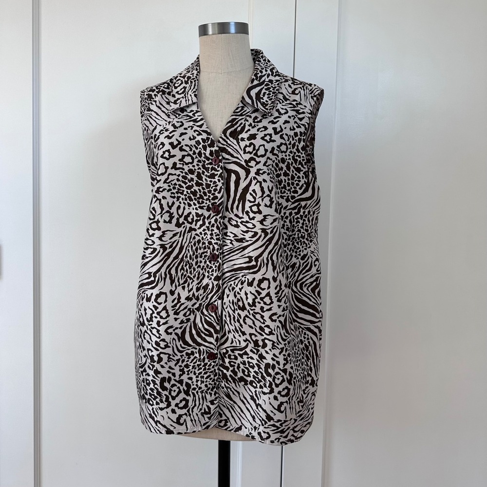 Vintage 90s Selene Sport Womens 2X Animal Print Sleeveless Button Up Blouse Top